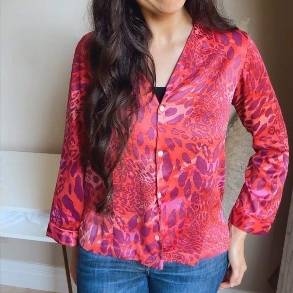 Natori Women's Leopard Print Hot Pink Sleep Pajama Shirt Size S